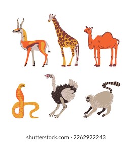 African Animals with Cobra, Giraffe, Camel, Ostrich and Lemur Vector Set