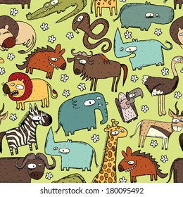 African Animals Collage is seamless pattern with doodle drawings savannah animals