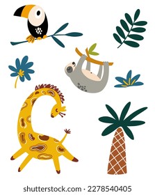 African animals collection. Cute cartoon animals, giraffe, sloth and toucan. Jungle and safari. Perfect for Baby posters, cards, prints clothes. Vector childish funny doodle illustration.