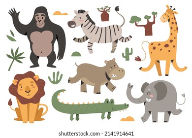 Colección de animales africanos, juego de mamíferos de safari bonitos, jirafa y león silvestres, cebra bailando y elefante saltando, divertido personaje amistoso del zoológico con expresión facial, ilustraciones de vectores de dibujos animados