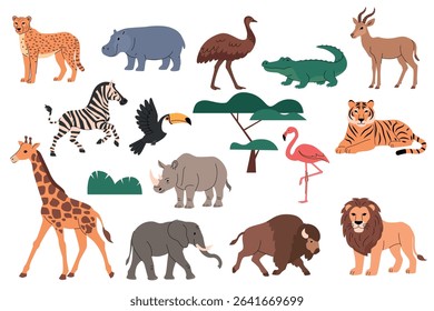 African animals collection, flat vector illustration. Cheetah, hippo, ostrich, crocodile, antelope, zebra, toucan, acacia tree, rhino, flamingo, giraffe, elephant, bison, lion, tiger, isolated on