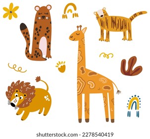 African animals collection. Giraffe, lion, leopard, tiger and flowers with leaves. Jungle and safari. Perfect for Baby posters, cards, prints clothes. Vector childish funny doodle illustration.