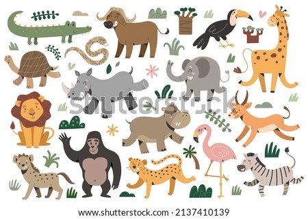 African animals collection, smiling giraffe, jumping zebra and laughing elephant, jungle and safari animals with facial expressions, funny hippo and rhino isolated vector illustrations