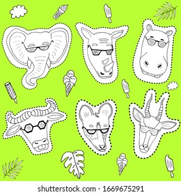 African animals coloring stickers, vector, cool animals, sunglasses.