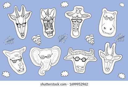 afrikanische Tiere, Farbaufkleber, Vektorillustration, kühle Tiere, Doodle-Set