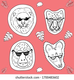 African animals coloring stickers, vector, cool animals,doodle set