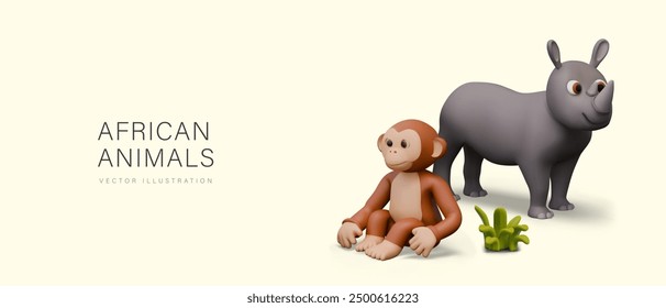 African animals concept. Banner with monkey and rhinoceros in positive style