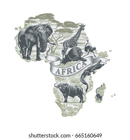 African animals, continent, lettering, illustration, vector