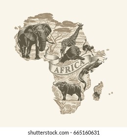 African animals, continent, lettering, Sepia, illustration, vector