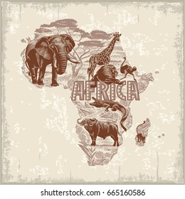 African animals, continent, vintage red, illustration, vector