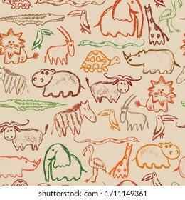 African Animals Crayon Pattern. Children Drawling Style Color Animal. Hand Drawn Wax Crayons Art On White Background. Isolated Chalk Style Icons. Pastel Sketch Safari Animal.Freehand Wild Animal Print