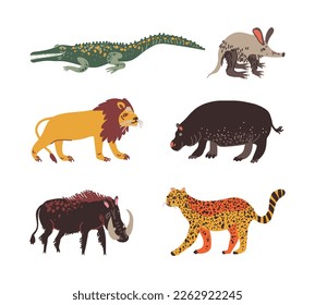 African Animals with Crocodile, Lion, Boar, Hippo and Leopard Vector Set