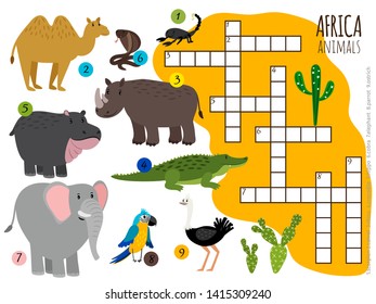 African animals crossword pattern on white background, vector illustration