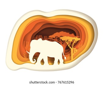 African animals cut paper art style. Cut style landscape origami concept. Carving Safari park. Vector illustration