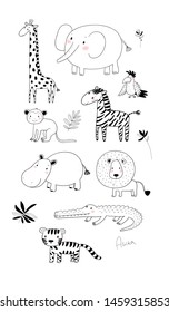 African animals. Cute cartoon lion and tiger, elephant and zebra, monkey and parrot. Fun zoo