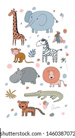 African animals. Cute cartoon lion and tiger, elephant and zebra, monkey and parrot. Fun zoo 