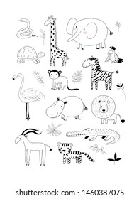 African animals. Cute cartoon lion and tiger, elephant and zebra, monkey and parrot. Fun zoo 