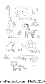 African animals. Cute cartoon lion and tiger, elephant and zebra, monkey and parrot. Fun zoo. Coloring book