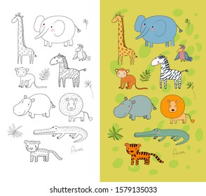 African animals. Cute cartoon lion and tiger, elephant and zebra, monkey and parrot. Fun zoo. Illustration for coloring books. Monochrome and colored versions. Worksheet for children and adults 