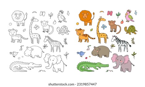 Animales africanos. León y tigre de dibujos animados, elefante y cebra, mono y loro. Zoo divertido.  Ilustración para colorear libros. Versiones monocromas y coloreadas. Vector