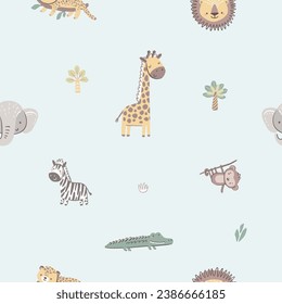 African animals, cute characters, seamless pattern with vector hand drawn art