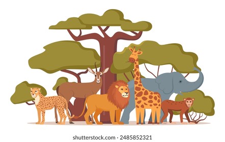 Animales africanos, linda composición de personajes. Elefante, jirafa, camello, guepardo, león, flamenco, buitre, mono Animales salvajes de África safari exótico Vector de viaje