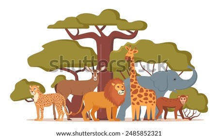 African animals, cute composition of characters. Elephant, giraffe, camel, cheetah, lion, flamingo, vulture, monkey Wildlife animal of Africa exotic safari travel Vector