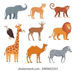 African animals, cute set of characters. Elephant, giraffe, camel, cheetah, lion, vulture, monkey. Wildlife animal of Africa, exotic safari travel. Vector