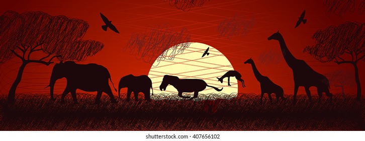 African animals in doodle style. Vector.
