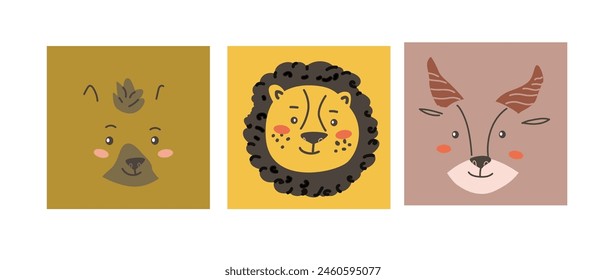 African animals faces set. Cute doodle animal portraits. Hand drawn characters. Tropical and jungle cartoon heads of lion, antelope, hyena. Wild exotic pets.