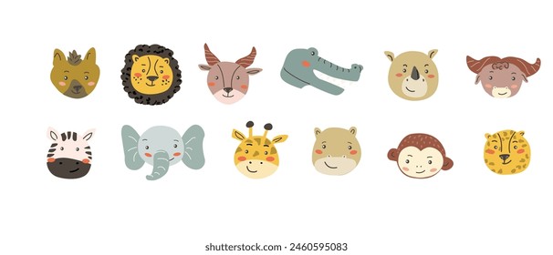 African animals faces set. Cute doodle animal portraits. Hand drawn characters. Tropical and jungle cartoon heads of lion, leopard, hyena, monkey, buffalo, antelope. Wild exotic pets.