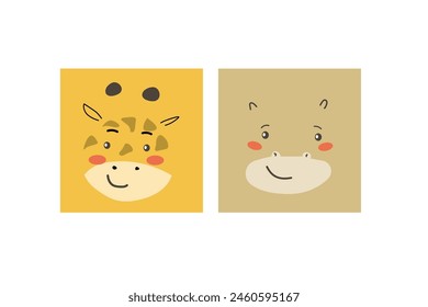 African animals faces set. Cute doodle animal portraits. Hand drawn characters. Tropical and jungle cartoon heads of giraffe and hippo. Wild exotic pets.