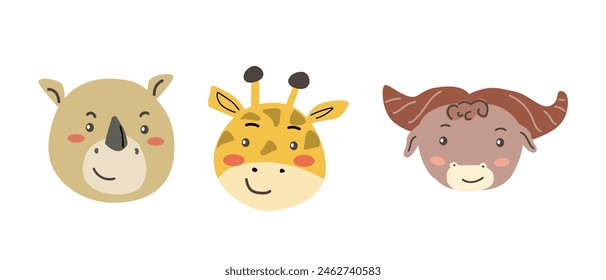 African animals faces set. Cute doodle animal portraits. Hand drawn characters. Tropical and jungle cartoon heads of rhino, giraffe, buffalo. Wild and exotic pets.