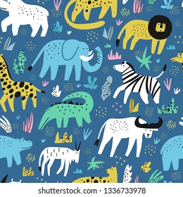 African animals flat hand drawn color seamless pattern. Cute jungle creatures cartoon characters. Rainforest, savanna fauna. Zoo, safari mammal. Buffalo, gator, lion. Wrapping paper, background design