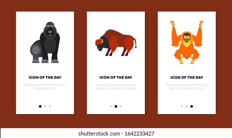African animals flat icon set. Chimpanzee, gorilla, bull isolated sign pack. Safari, wildlife, nature, zoo concept. Vector illustration symbol elements for web design