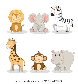 African animals in flat style isolated on white background. Vector illustration. Collection of cute cartoons: lion, elephant, zebra, giraffe, monkey, hippopotamus. Set of animals from Africa.