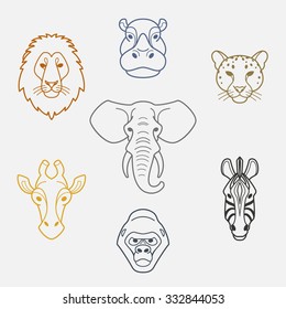 African animals in flat style.Colorful head of elephant,lion,zebra,gorilla,giraffe,hippo and jaguar.Vector isolated icons.