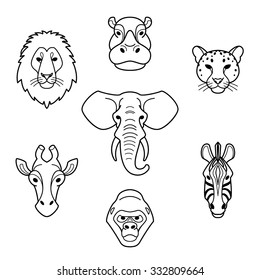 African animals in flat style.Head of elephant,lion,zebra,gorilla,giraffe,hippo and jaguar.Vector isolated icons.