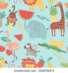 African animals with fruits, seamless vector pattern with hand drawn illustrations with summer theme