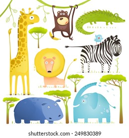 African Animals Fun Cartoon Clip Art Collection. Brightly colored childish African animals set. Vector illustration EPS10.