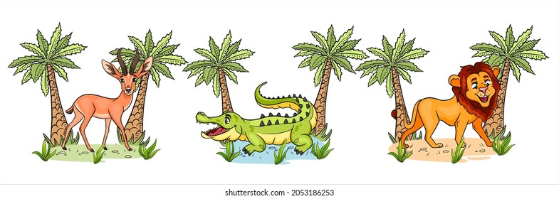 African animals. Funny characters animals gazelle, crocodile, lion with palm trees in cartoon style. Children's illustration. Vector collection.