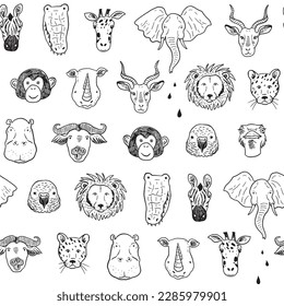 African animals funny faces: giraffe, crocodile,elephant vector line seamless pattern.