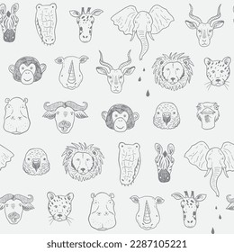 African animals funny faces: giraffe, crocodile,elephant vector line seamless pattern.