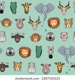 African animals funny faces: giraffe, crocodile, elephant vector seamless pattern.