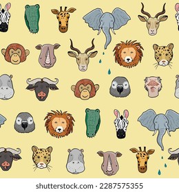 African animals funny faces: giraffe, crocodile, elephant vector seamless pattern.