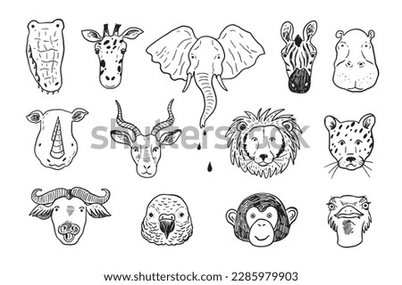 African animals funny faces vector line illustrations set.