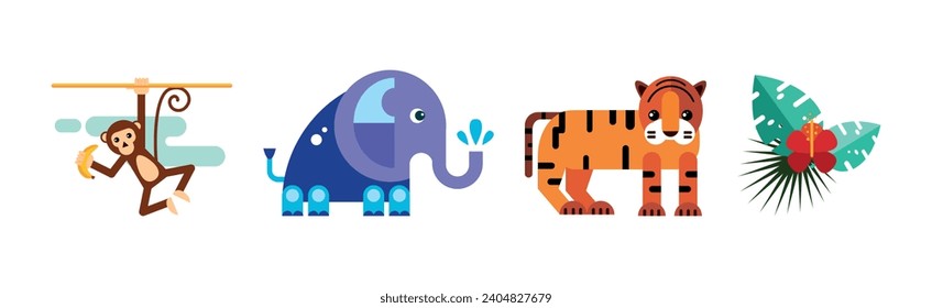 African Animals Geometric Flat Icon as Wild South Fauna Vector Set