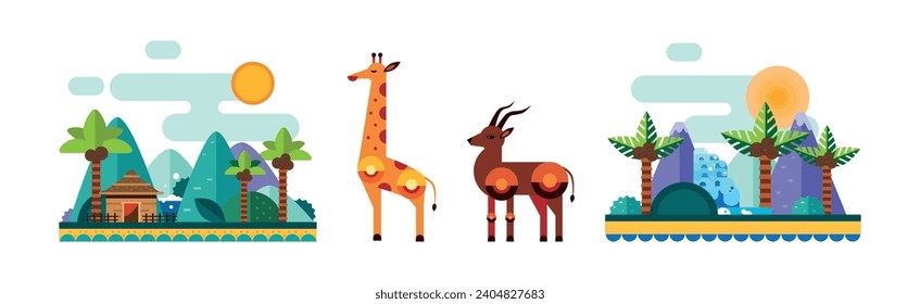 African Animals Geometric Flat Icon as Wild South Fauna Vector Set