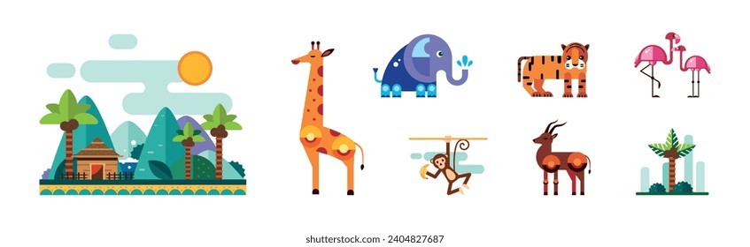 African Animals Geometric Flat Icon as Wild South Fauna Vector Set