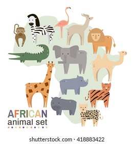 African animals in geometric flat style. Hippo, giraffe, flamingo, elephant, lion, monkey, giraffe, rhino, zebra,crocodile, lynx,gazelle, rhinoceros isolated on white. Vector illustration